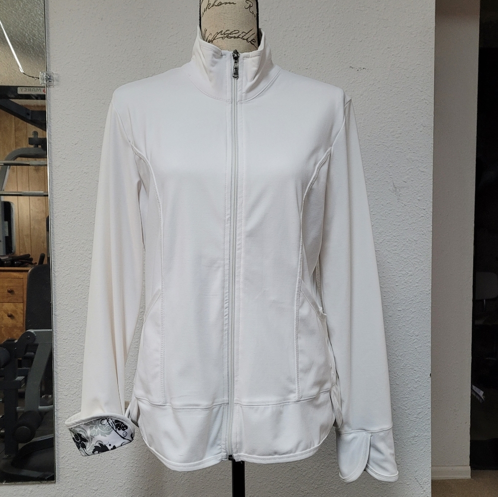 DANSKIN NOW White, Dry Wicking Jacket with design in cuffs, Womens Large(12/14)